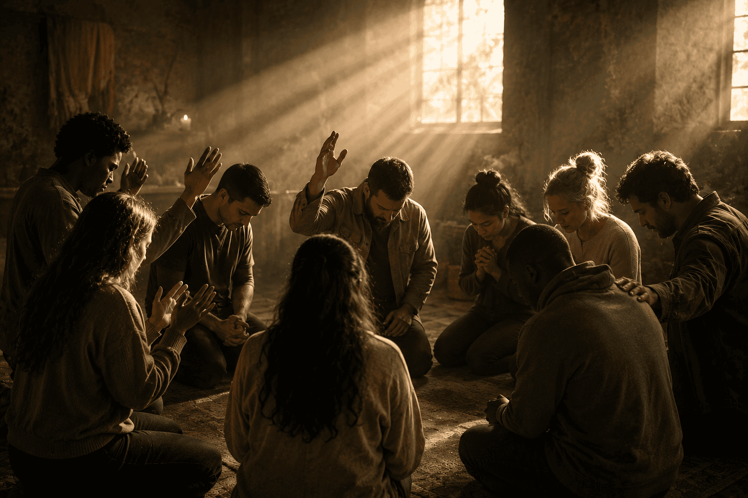 A congregation gathered in prayer at dusk
