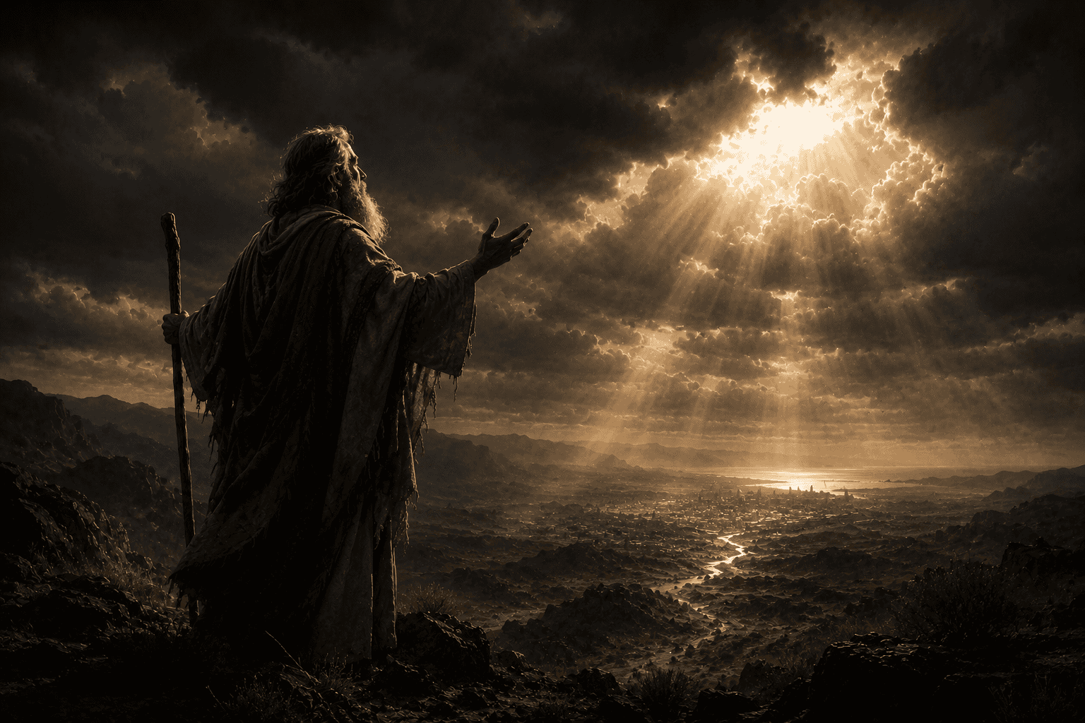 A prophet standing on a mountain as light breaks through the clouds