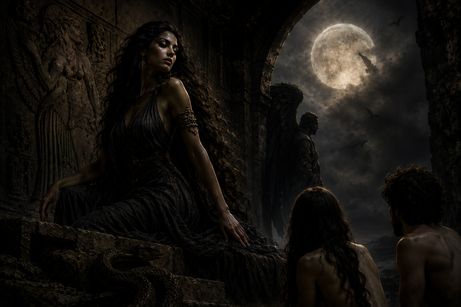 A crescent moon over a dark, ruined landscape