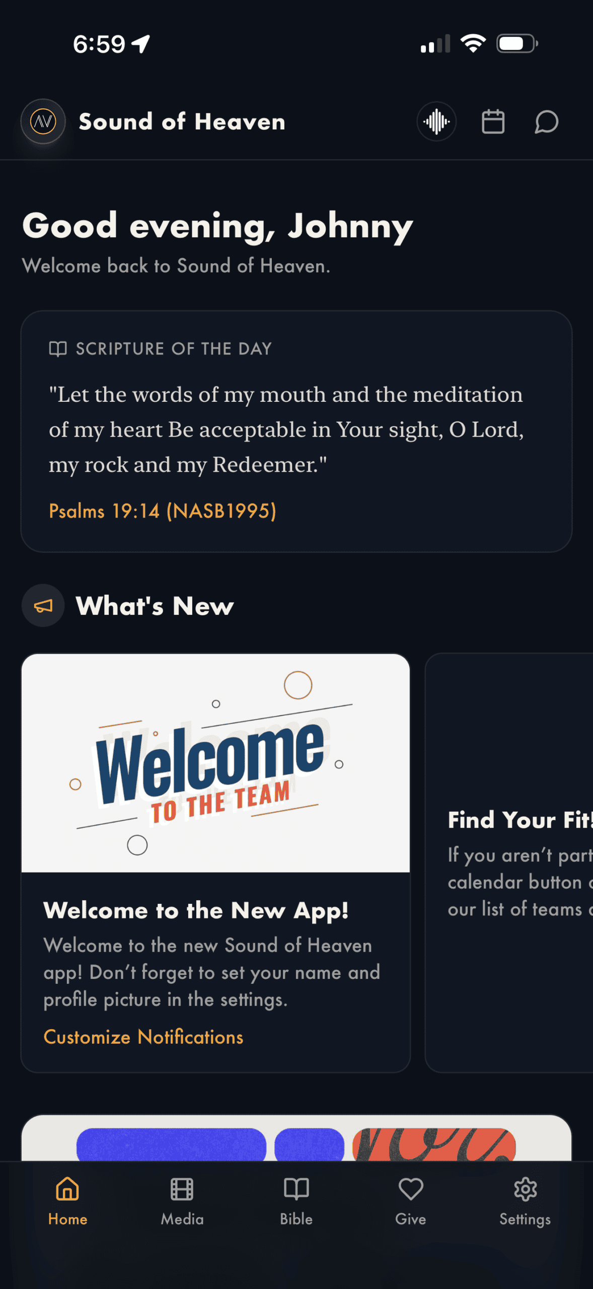 Home 47 Sound of Heaven app home screen with the scripture of the day
