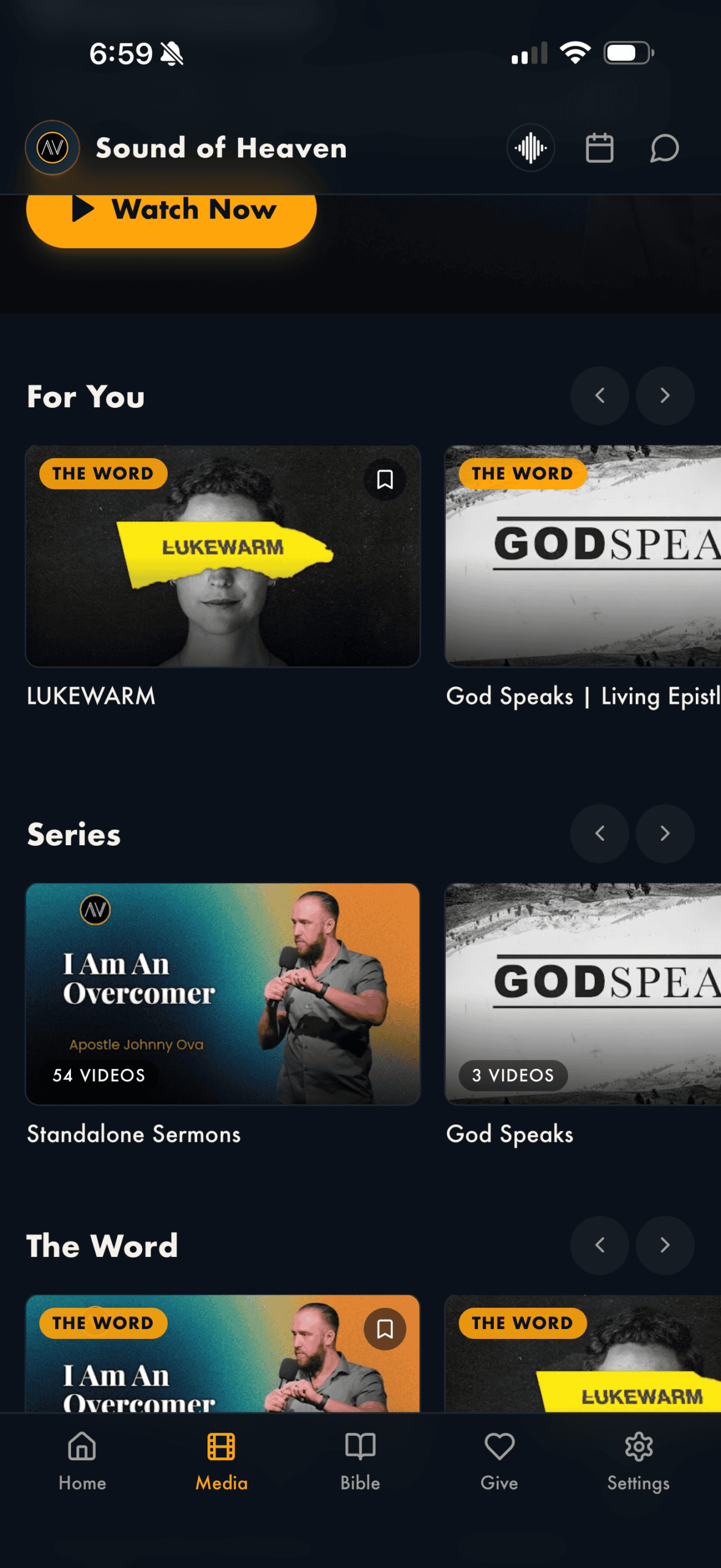 Home 45 Sound of Heaven app media tab with sermon series